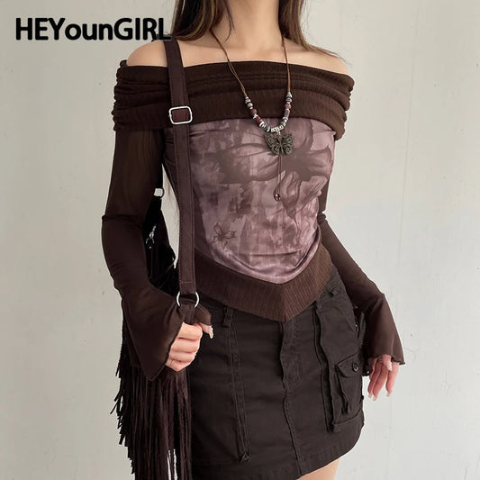 Women’s Flare Sleeve Patchwork Off Shoulder Top Y2K Pullovers Grunge Slim Fit Outfits Sexy Vintage Autumn 2000s