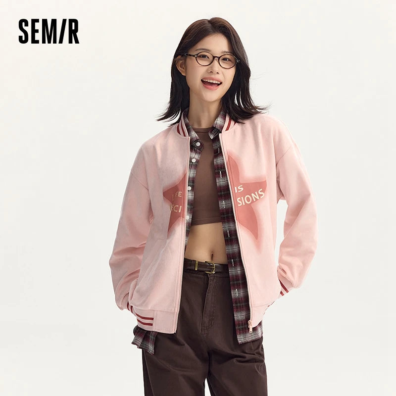 Abrigo de mujer de largo medio de gamuza sintética, chaqueta holgada de color contrastante, abrigo de béisbol con estrellas estilo retro americano con letras de otoño