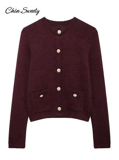 Cárdigan de punto burdeos para mujer, cuello redondo, botonadura sencilla, manga larga, bolsillo, otoño e invierno, prendas de punto que combinan con todo.
