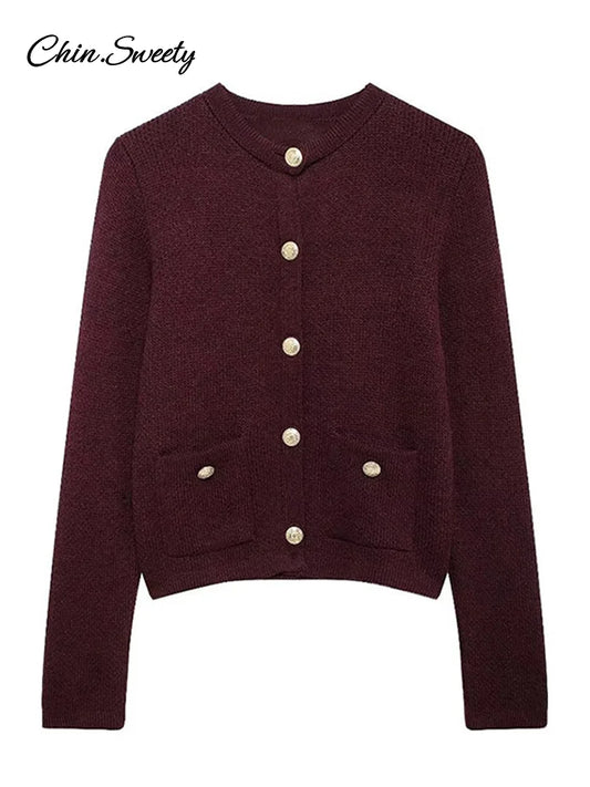 Cárdigan de punto burdeos para mujer, cuello redondo, botonadura sencilla, manga larga, bolsillo, otoño e invierno, prendas de punto que combinan con todo.