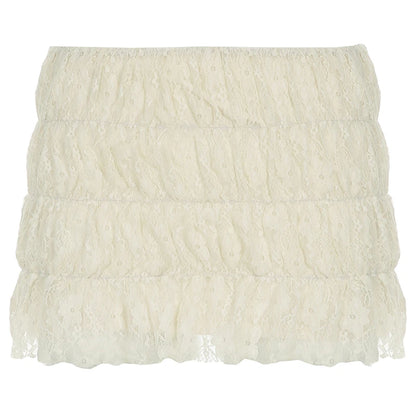 Sweet Cute Balletcore Women Mini Skirts Solid Lace Bow Ruched Cake Skirt Spring Summer Trendy Clothes