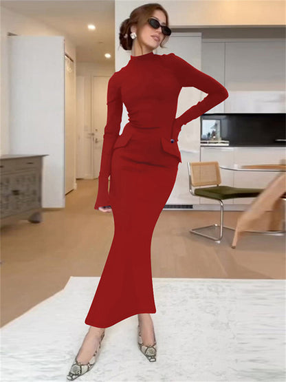 Female Elegant Fashion Maxi Dress High Waist Pocket Patchwork Skinny Commute Autumn  Dress Women’s Solid Long Dress