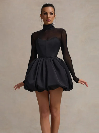 Vestido mini sexy de cuello alto transparente de manga larga para mujer, negro, transparente, de cintura alta, corte A, para fiesta, club, elegante