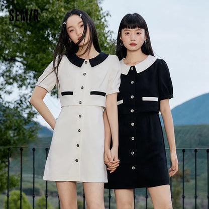 Dress Women Contrast Texture Fake Two Pieces  Summer New Bubble Sleeve Breasted Short Dress Elegant Small Fragrance