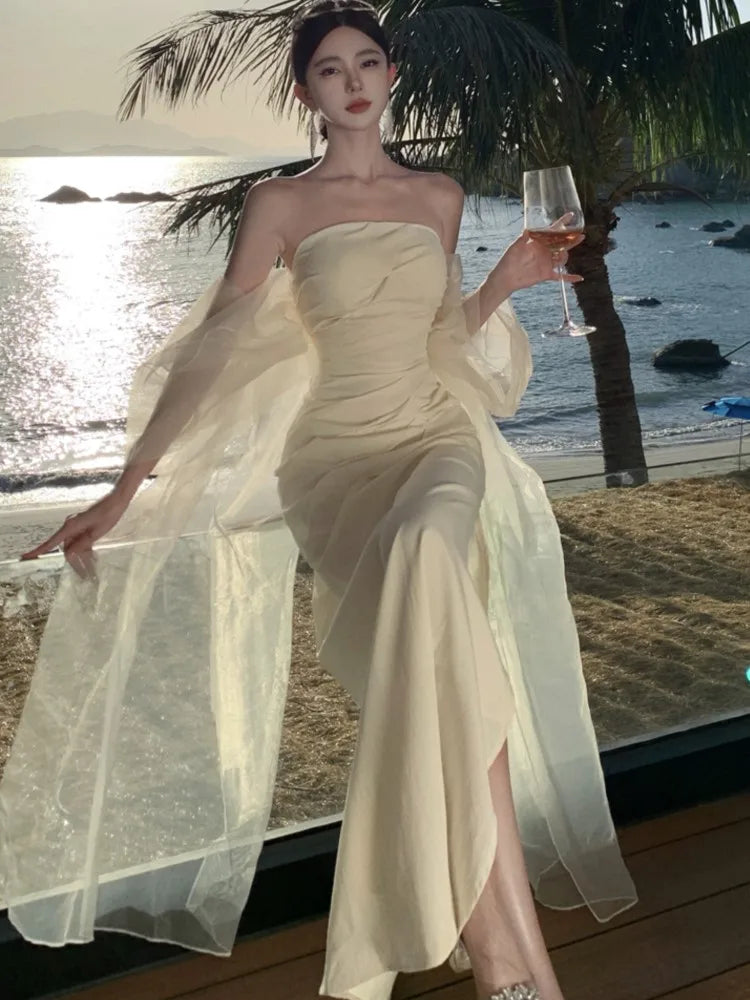 Elegantes vestidos largos de boda para mujer, sin tirantes, ceñidos, de sirena, para fiesta de noche, ajustados, para graduación, moda coreana, Vestido para mujer