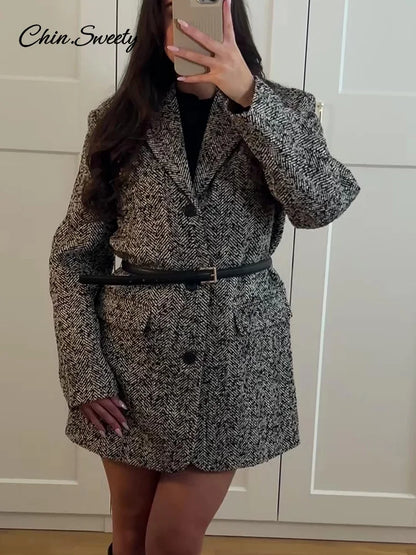 Chaqueta de invierno con cinturón para mujer, chaqueta holgada de mezcla de lana y tweed con solapa, cálida, elegante, para desplazamientos diarios