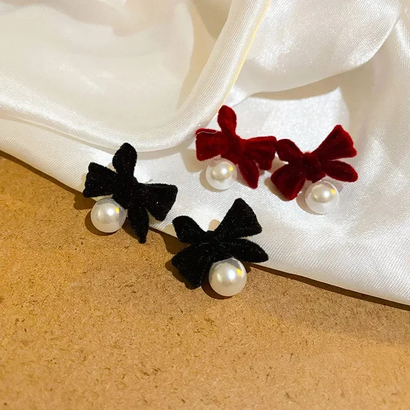 LIZAKOSHT Winter Pearl Bowknot Stud Earrings for Women Happy New Year Gift Jewelry
