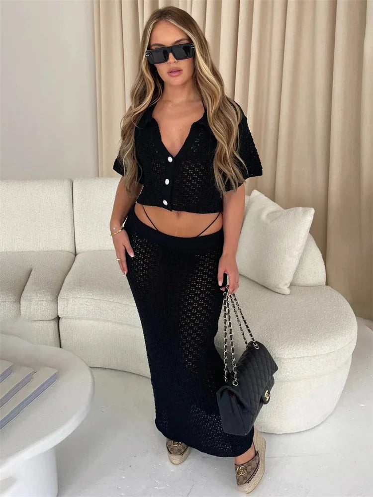 Conjunto de dos piezas de punto calado para mujer, falda larga, top corto, cárdigan y falda larga de cintura alta, ropa femenina
