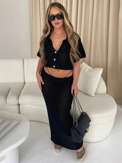Conjunto de dos piezas de punto calado para mujer, falda larga, top corto, cárdigan y falda larga de cintura alta, ropa femenina