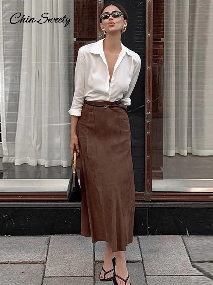 Faldas vintage de gamuza marrón para mujer, faldas plisadas ajustadas con cremallera para oficina, elegantes, de cintura alta, para fiesta, nuevas