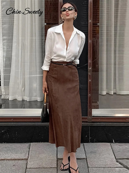 Faldas vintage de gamuza marrón para mujer, faldas plisadas ajustadas con cremallera para oficina, elegantes, de cintura alta, para fiesta, nuevas