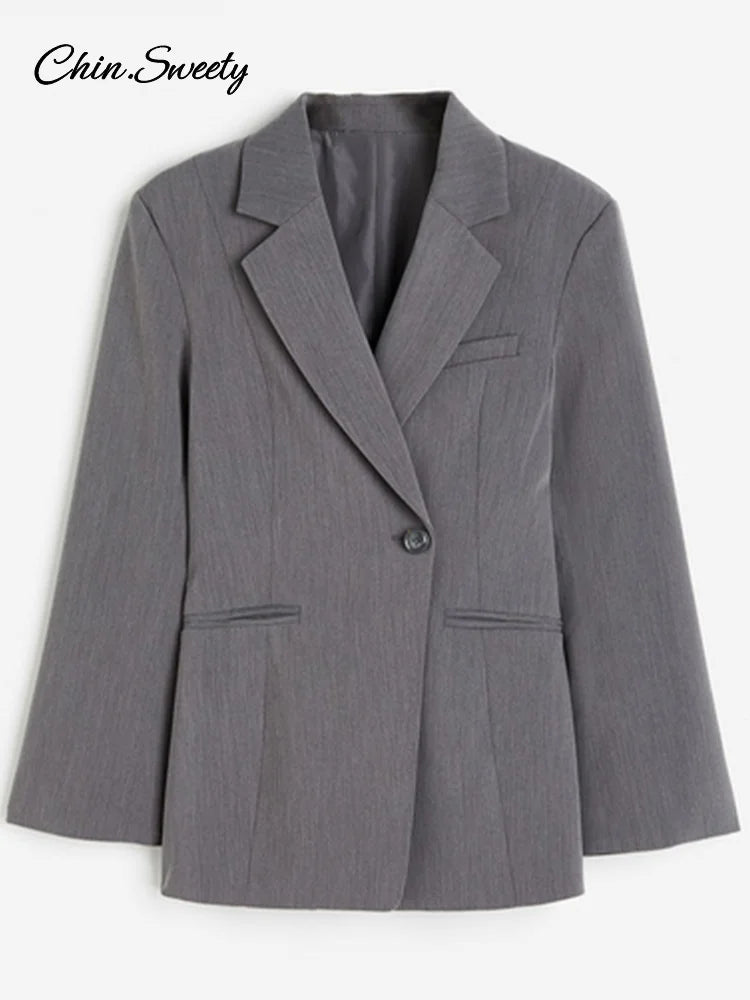 Blazer ajustado de moda para mujer, chaqueta de traje lisa de manga larga con un solo botón y cuello con muesca, primavera 2025, conjuntos de calle para mujer
