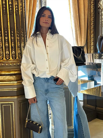 Casual Women’s Loose Shirts White Raglan Sleeve Lapel Single Breasted Blouses 2025 Spring Office Lady Fashion Y2K Street Tops