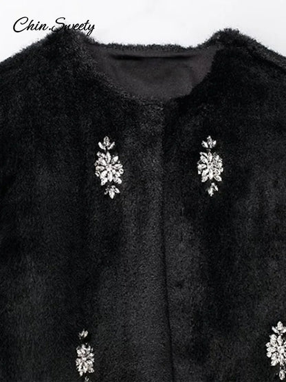 Abrigo de piel con joyería vintage para mujer, chaqueta holgada de manga larga con cuello redondo y felpa negra de invierno, abrigo grueso y cálido elegante para mujer
