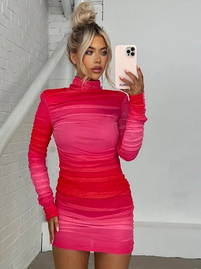 Vestido minivestido de mujer con cuello redondo, manga larga en contraste, elástico, ajustado y con volantes para fiesta urbana, moda otoño 2025, nuevo