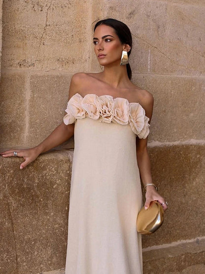 Elegant 3D Flower Tube Dresses Women Vintage Knitted Solid Sleeveless Long Dress Female Summer Autumn Chic Street Party Evening