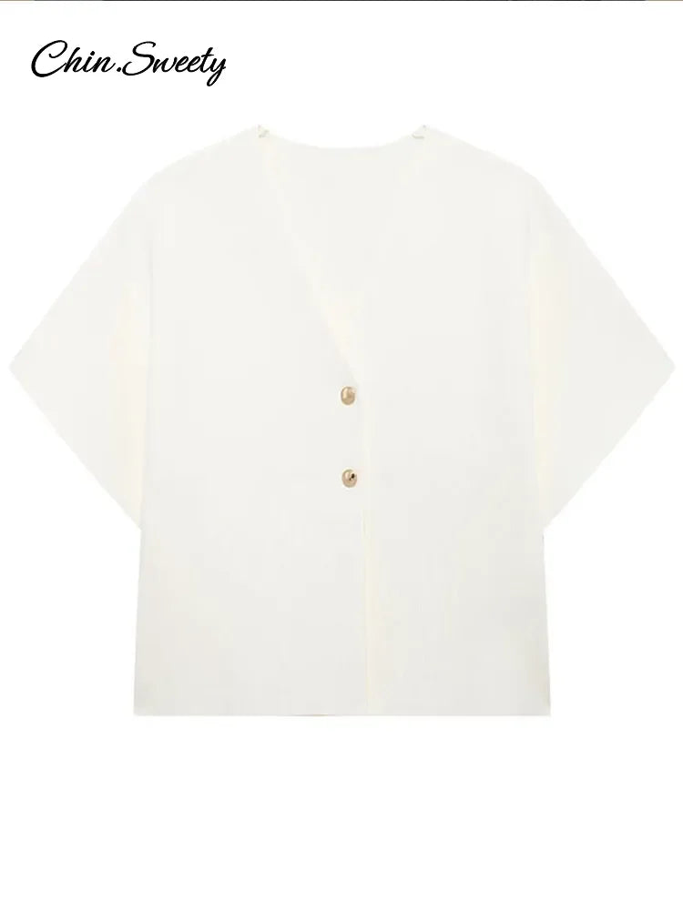 Chaleco de punto de moda para mujer, manga corta, cuello en V, botones, holgado, blanco, tipo cárdigan, otoño, novedad en prendas exteriores.