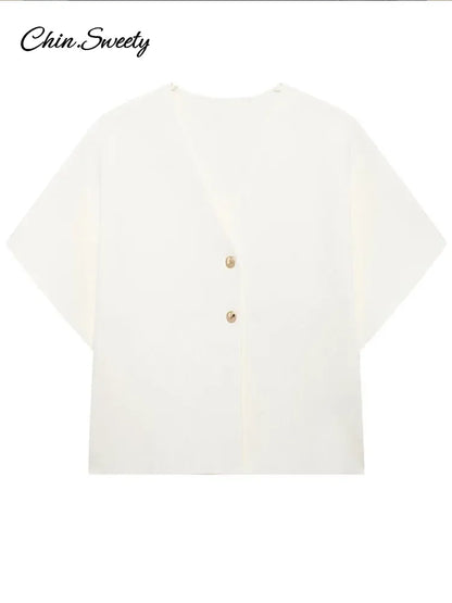 Chaleco de punto de moda para mujer, manga corta, cuello en V, botones, holgado, blanco, tipo cárdigan, otoño, novedad en prendas exteriores.