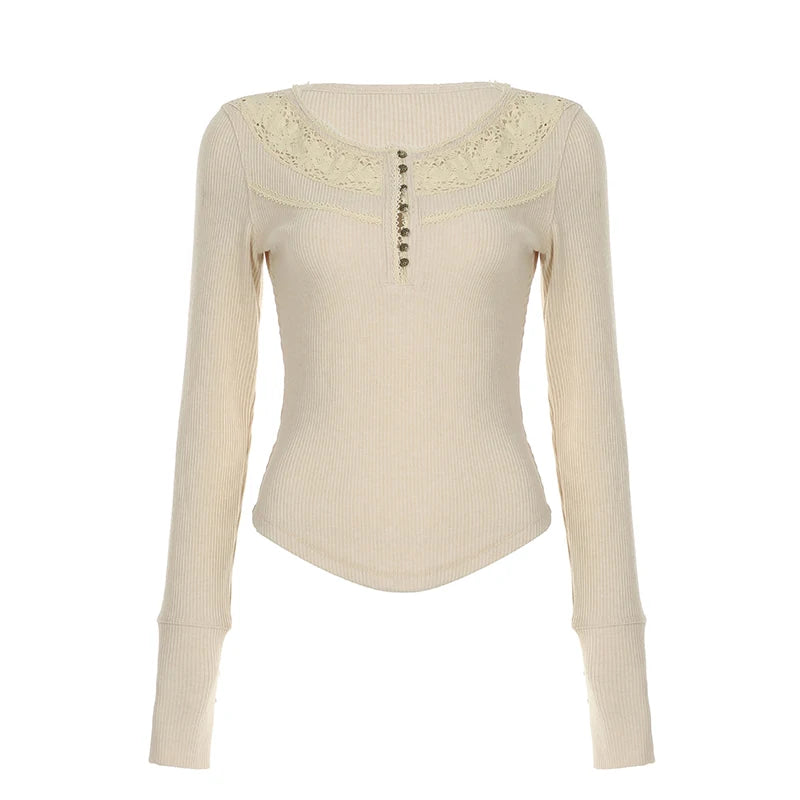Camisetas básicas de punto con encaje y botones elegantes y retro para mujer, de manga larga, exquisitas y ajustadas, para otoño.