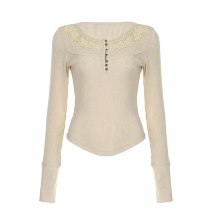Camisetas básicas de punto con encaje y botones elegantes y retro para mujer, de manga larga, exquisitas y ajustadas, para otoño.
