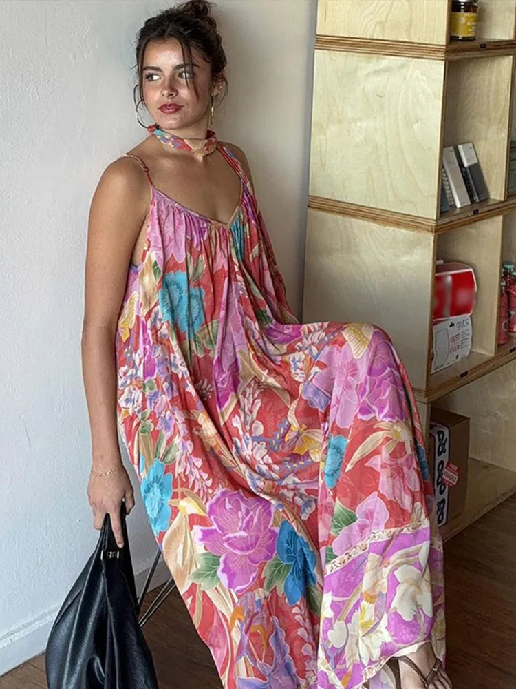 Loose Printed V-neck Sling Dresses Women Retro Printing Sleeveless Backless Long Dress Female Spring Chic Street Beach Holiday