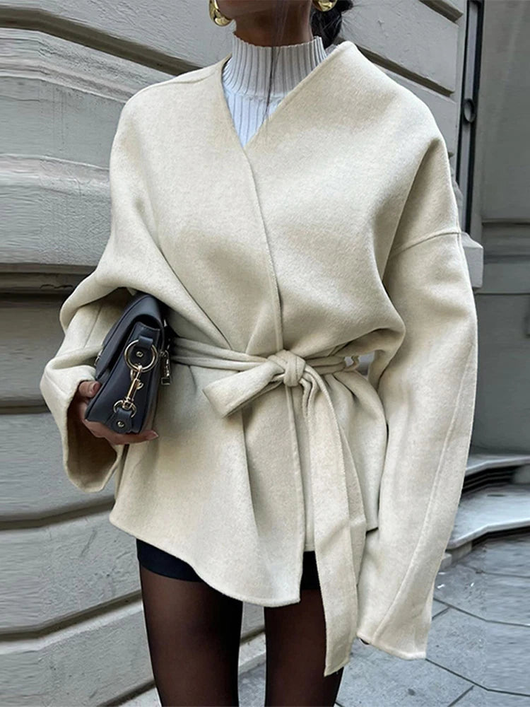 Abrigo elegante de lana de manga larga con cinturón para mujer, holgado, informal, con cuello en V, liso, corto, vintage, grueso y cálido, para otoño