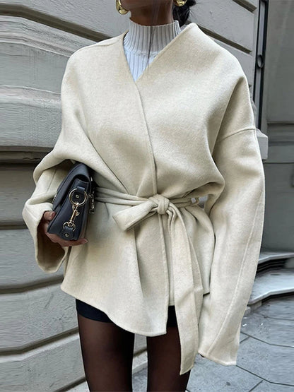 Abrigo elegante de lana de manga larga con cinturón para mujer, holgado, informal, con cuello en V, liso, corto, vintage, grueso y cálido, para otoño