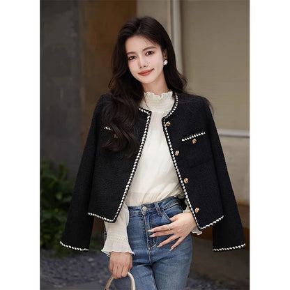 Chaqueta de tweed corta vintage para mujer, abrigo acolchado negro, elegante blazer de invierno para mujer, abrigo grueso de un solo pecho.