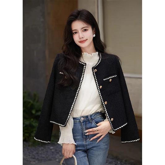 Chaqueta de tweed corta vintage para mujer, abrigo acolchado negro, elegante blazer de invierno para mujer, abrigo grueso de un solo pecho.