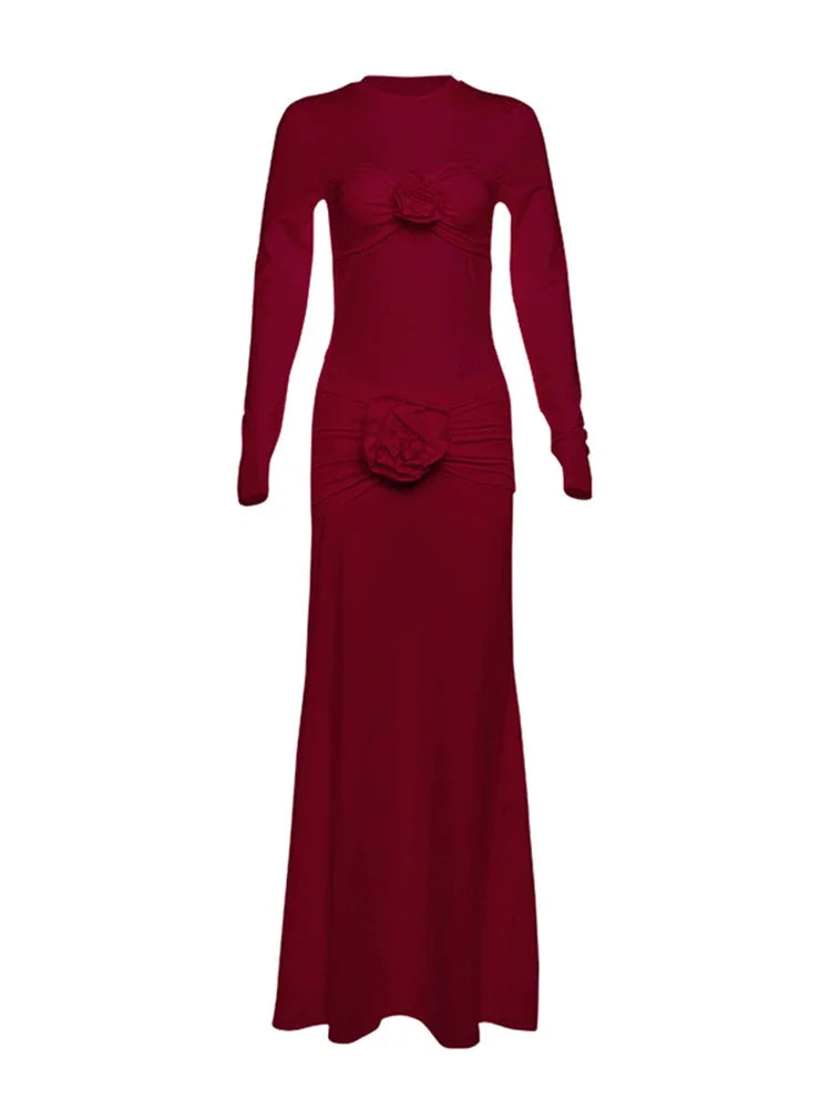 Vestido maxi sexy ajustado con fruncido de flores para mujer, manga larga, liso, para fiesta, ropa de calle, elegante, de alta elasticidad.