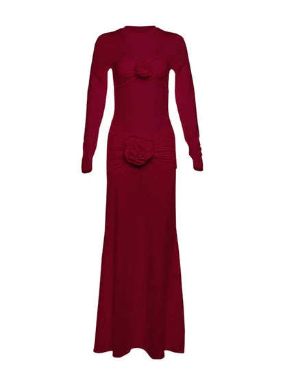 Vestido maxi sexy ajustado con fruncido de flores para mujer, manga larga, liso, para fiesta, ropa de calle, elegante, de alta elasticidad.