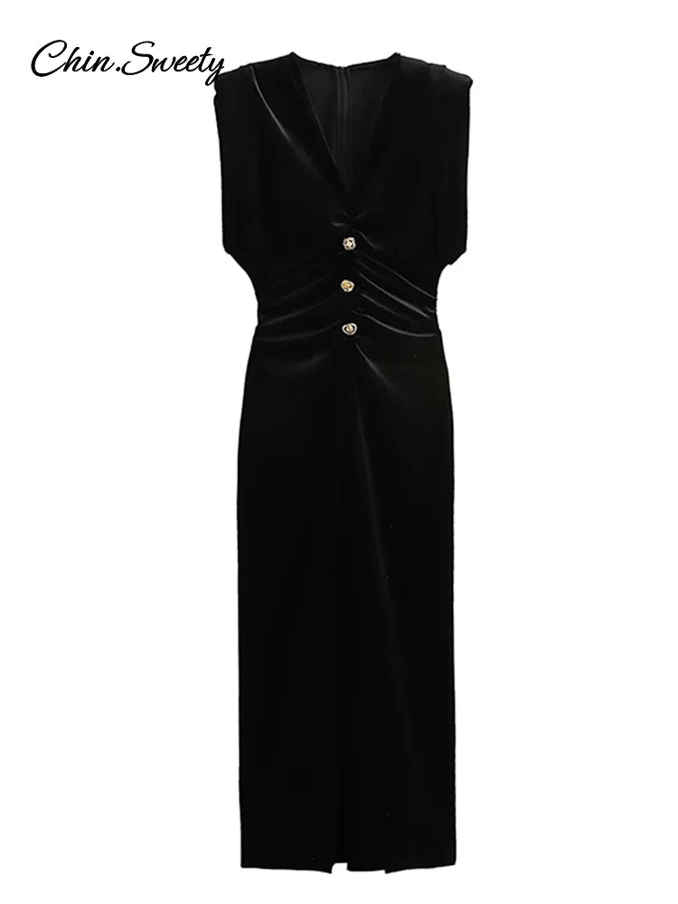 Vestido largo vintage de terciopelo con escote en V para mujer, elegante, sin mangas, plisado, con botones de metal, cintura alta, para fiesta, 2025, vestido de noche para mujer