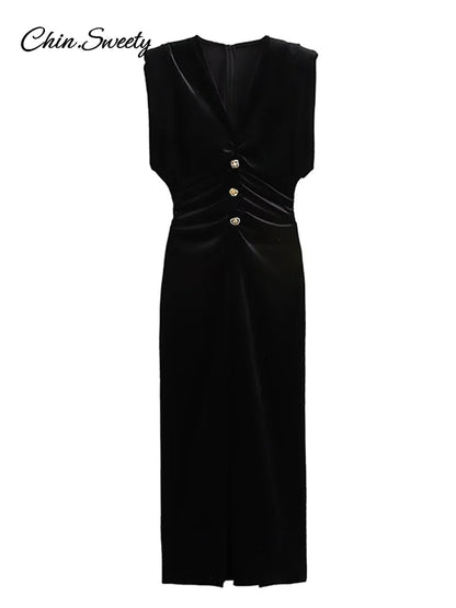 Vestido largo vintage de terciopelo con escote en V para mujer, elegante, sin mangas, plisado, con botones de metal, cintura alta, para fiesta, 2025, vestido de noche para mujer