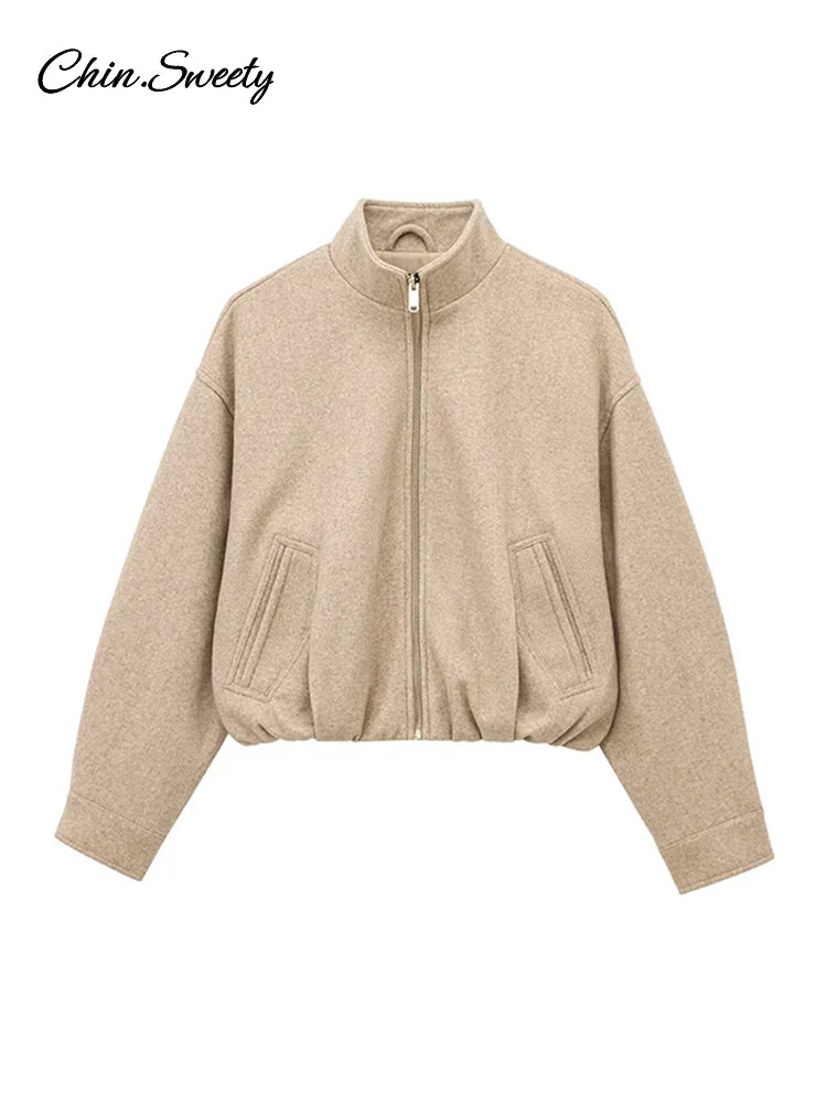 Vintage Women’s Khaki Bomber Jacket Stand Collar Zipper Pocket Long Sleeve Short Coats Female 2025 Spring Thick Warm Outwear New