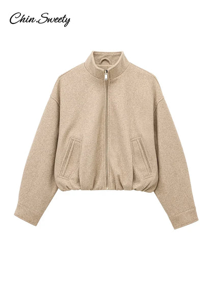 Vintage Women’s Khaki Bomber Jacket Stand Collar Zipper Pocket Long Sleeve Short Coats Female 2025 Spring Thick Warm Outwear New