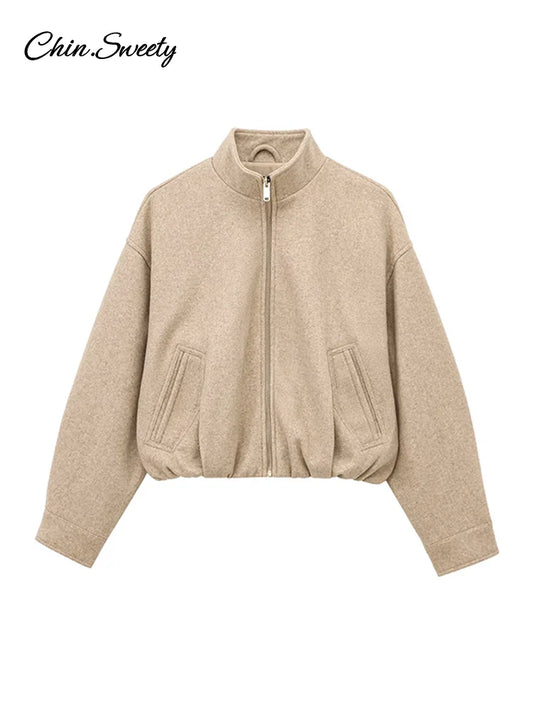 Vintage Women’s Khaki Bomber Jacket Stand Collar Zipper Pocket Long Sleeve Short Coats Female 2025 Spring Thick Warm Outwear New