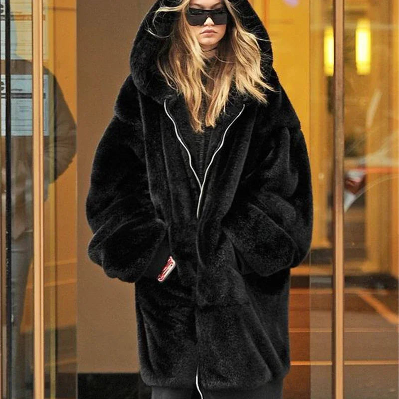 Abrigo largo de piel sintética de marca de lujo de moda de invierno para mujer, chaqueta con capucha y cremallera, abrigos gruesos y cálidos de piel sintética de conejo de peluche