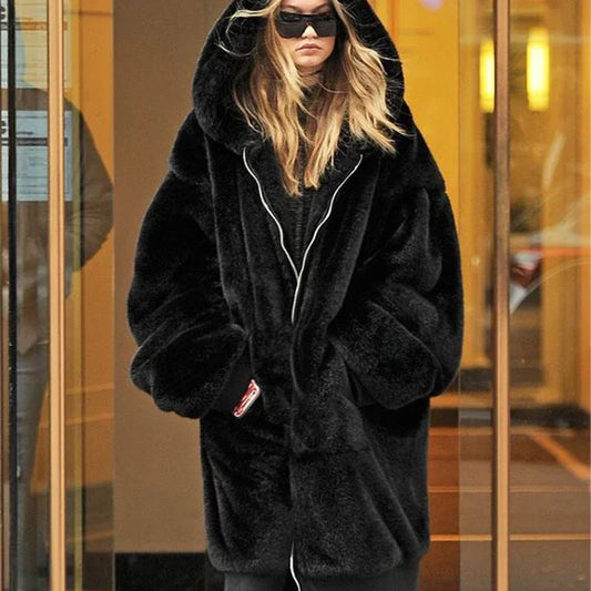 Abrigo largo de piel sintética de marca de lujo de moda de invierno para mujer, chaqueta con capucha y cremallera, abrigos gruesos y cálidos de piel sintética de conejo de peluche