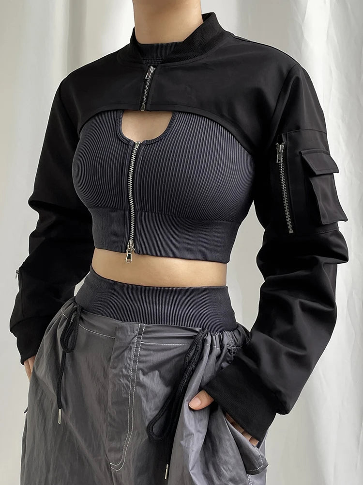 Super-short Black Jacket Zipper Long Sleeve Harajuku Cropped Tshirt Gothic Techwear Fashion Korean Tee Punk Street