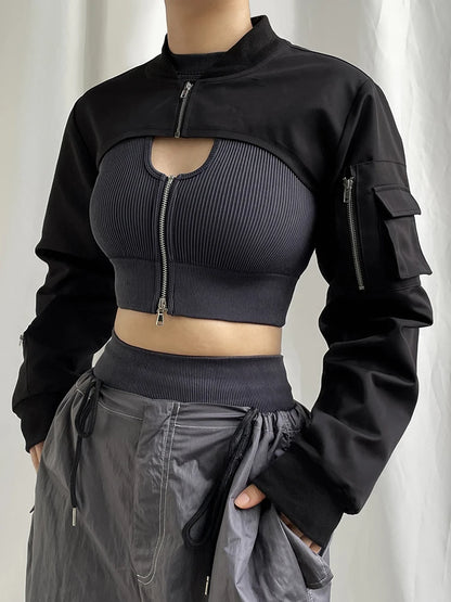 Super-short Black Jacket Zipper Long Sleeve Harajuku Cropped Tshirt Gothic Techwear Fashion Korean Tee Punk Street