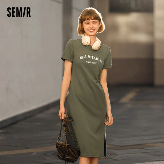 Dress Women Vintage Casual Midi Dress  Summer New Letter Print Split T-Shirt Dress