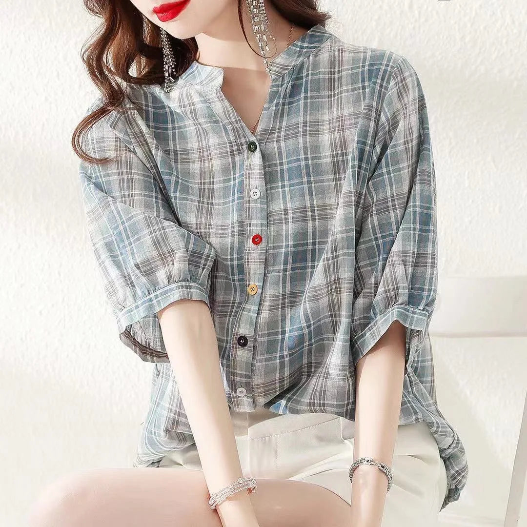 Blusas de verano para mujer, informales, con cuello en V, manga corta, a rayas y estampado DF4537