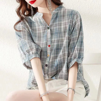 Blusas de verano para mujer, informales, con cuello en V, manga corta, a rayas y estampado DF4537