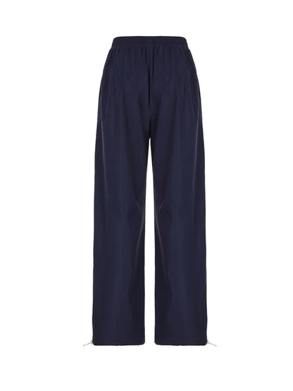 Pantalones rectos holgados de cintura alta con elástico y rayas laterales para mujer, pantalones holgados estilo hippie con estampado de letras, ropa de calle preppy