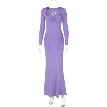 2025 Elegant Long Sleeve Party Dresses Sexy High Waist Slim Fit Women’s Evening Dress Fashion Solid Color Pleated Long Dresses