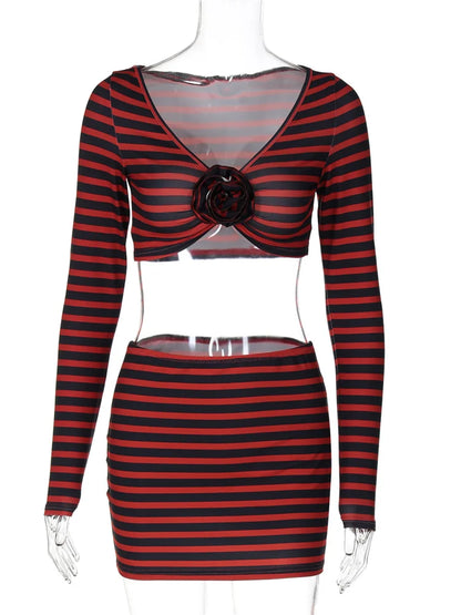 Autumn Striped 2 Piece-Set Skirt Women’s Floral V-Neck Fashion Cropped Top And Sexy Skirt Outfits Tracksuit Female Sets