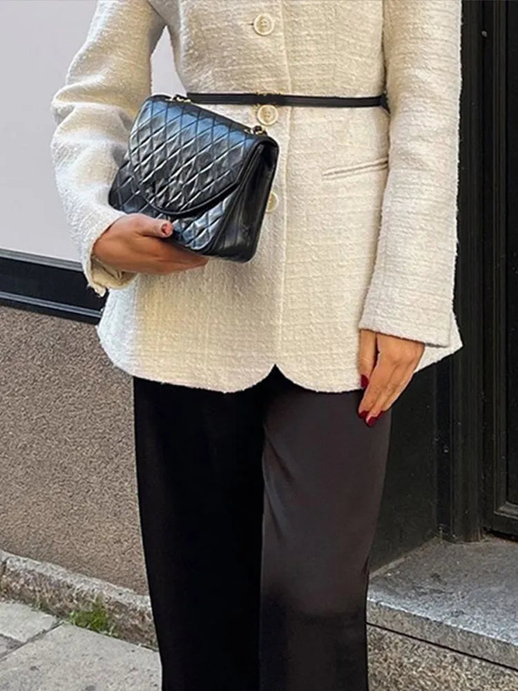 Elegante blazer de tweed para mujer, abrigo ajustado con cuello redondo y hombreras, chaqueta gruesa para mujer, ropa de oficina de primavera 2025