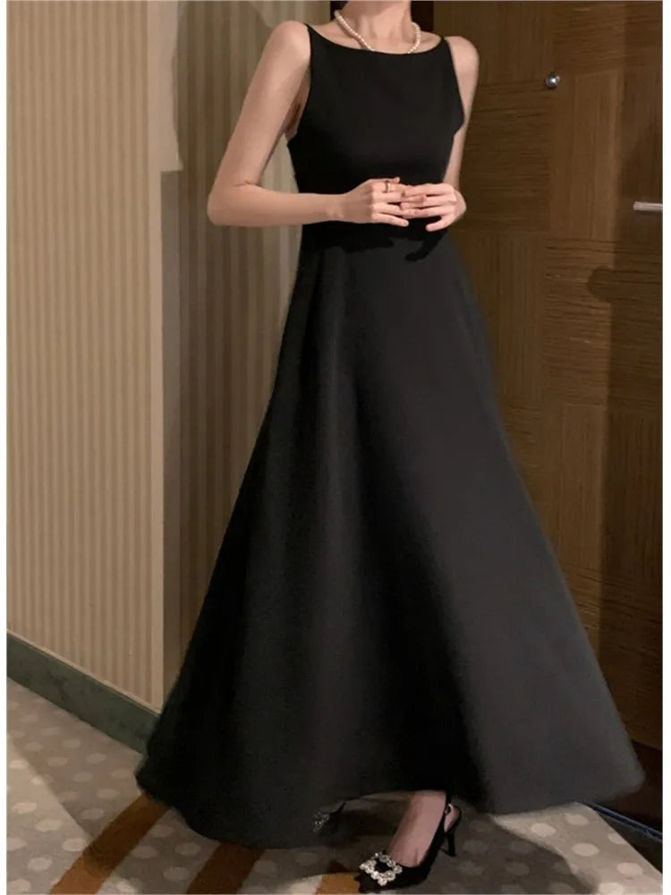 Elegante vestido largo liso para mujer, vestido de fiesta de noche para boda, sin mangas, informal, de verano, estilo coreano, de una pieza