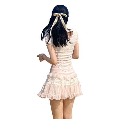 Kawaii Skirts Women Sweet Lolita Lace Patchwork High Waist Ruffle Hem A Line Pleated Skirts y2k Grunge Skirt Streetwear