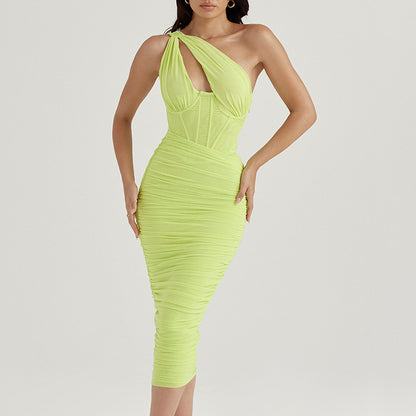 Vestido midi de malla de alta calidad con un hombro al descubierto y espalda descubierta para mujer, vestido largo fruncido sin mangas con agujeros a la moda